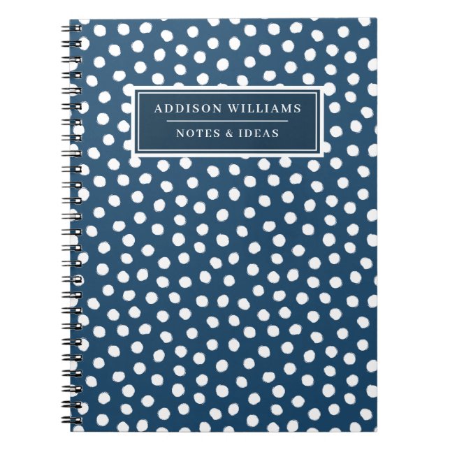 Cuaderno Nombre único Navy blanco azul puntos Personalizado (Frente)