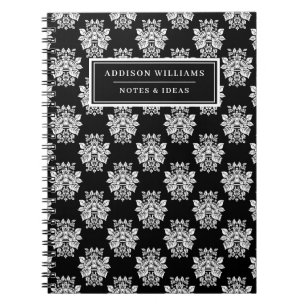 Cuaderno Nombre único Personalizado de damasco blanco negro