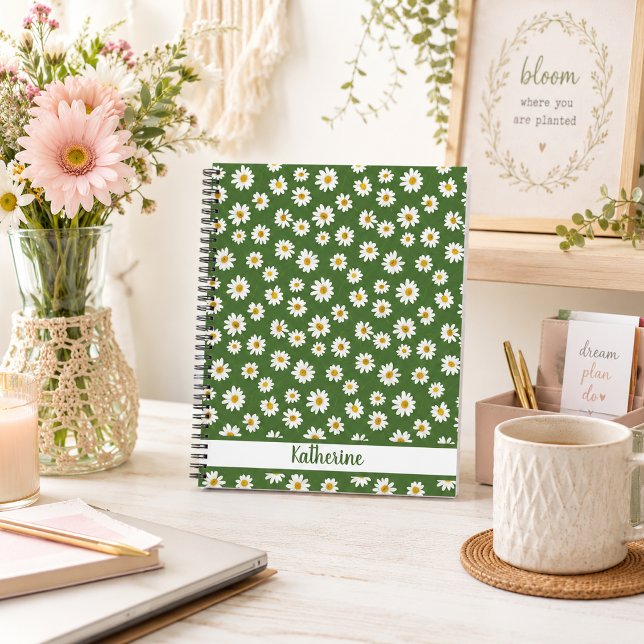 Cuaderno Nombre verde del patrón floral Boho Daisy (Subido por el creador)