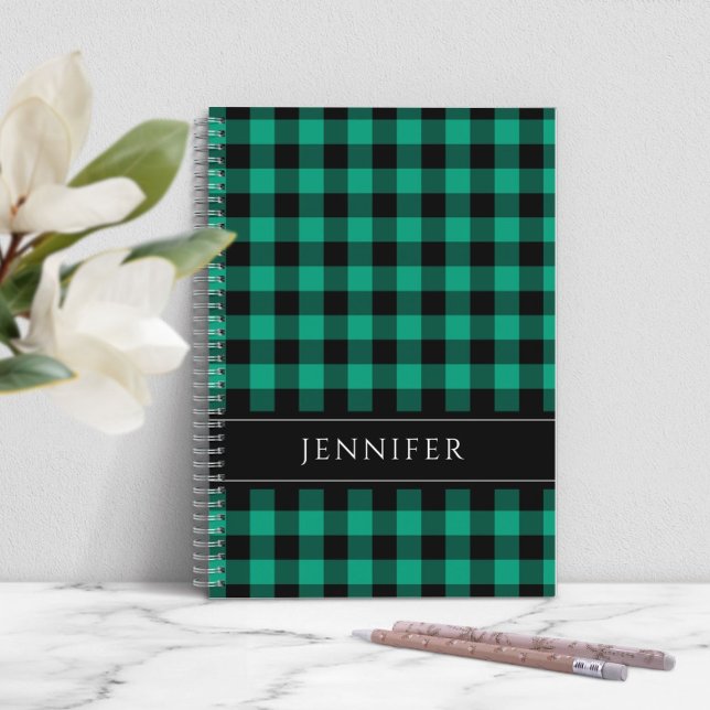 Cuaderno Nombre Verde y Negro Cuadro de Gingham Estampado (Name Green & Black Checks Plaid Gingham Pattern Notebook)