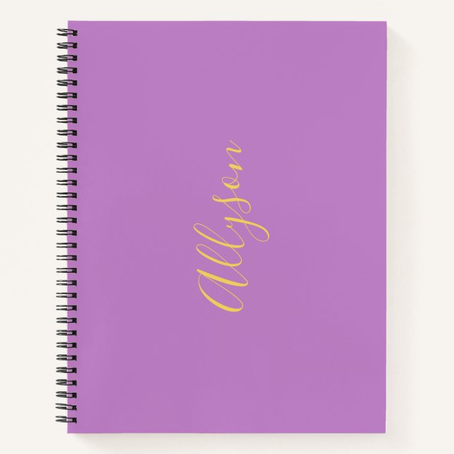 Cuaderno Nombre vertical de moda en guión dorado, lavanda (Anverso)