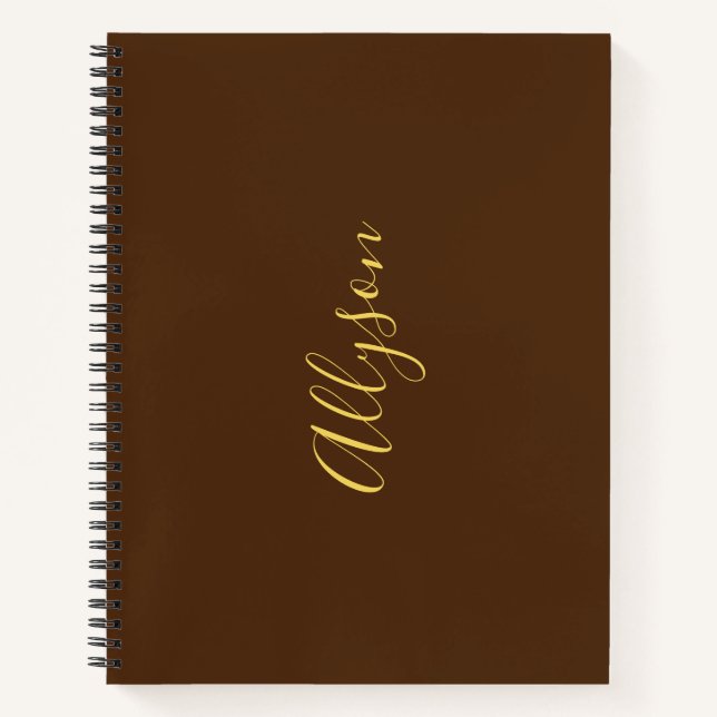 Cuaderno Nombre vertical moderno en escritura de oro, choco (Anverso)