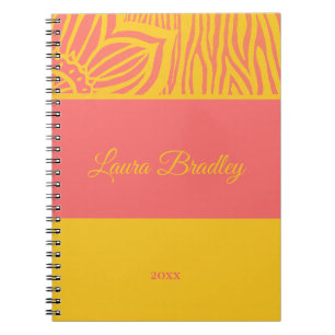 Cuaderno Nombre y año de lino de cebra floral rosa y amaril