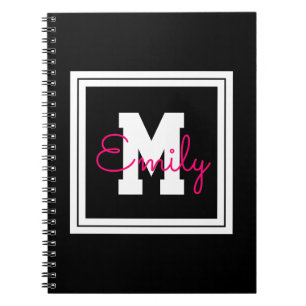 Cuaderno Nombre y monograma enmarcados lindos   Negro Blanc