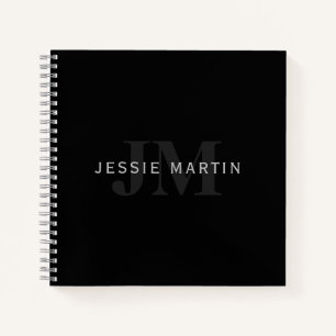 Cuaderno Nombre y monograma modernos Gris y negro
