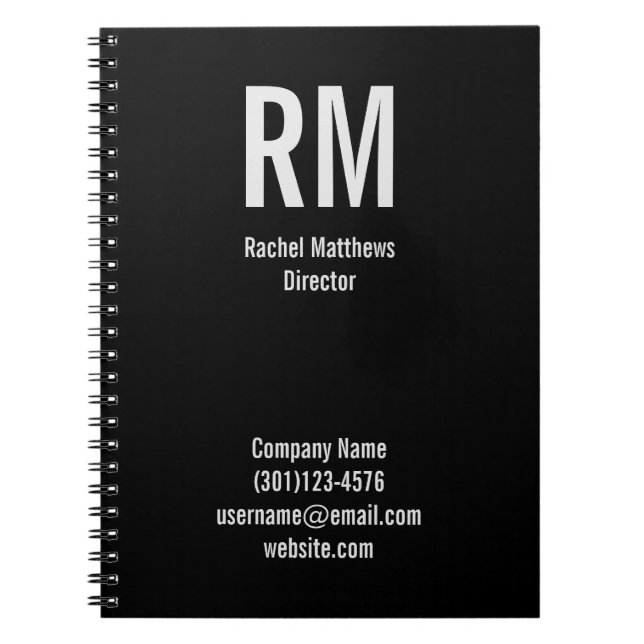 Cuaderno Nombre y monograma profesional negro y gris (Frente)