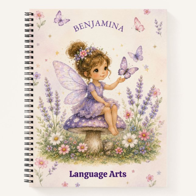 Cuaderno Nombre y tema de jardín de hadas de lavanda (Anverso)