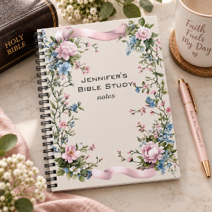 Cuaderno Notas de estudio bíblico de cinta rosa elegante fl