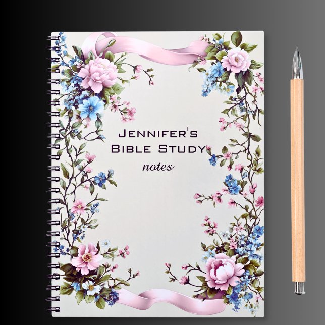 Cuaderno Notas de estudio bíblico de cinta rosa elegante fl (Elegant Pink Ribbon Floral Bible Study Notes Notebook)
