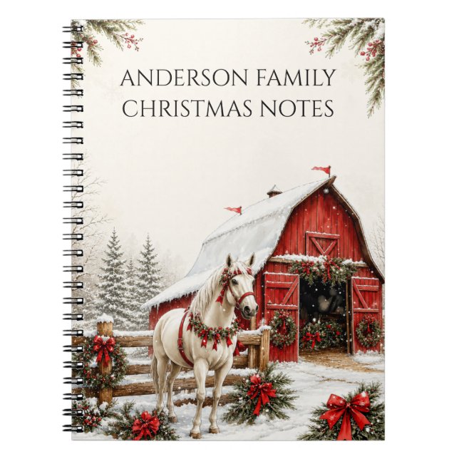 Cuaderno Notas de granero rojo de Navidad Caballo Blanco |  (Frente)