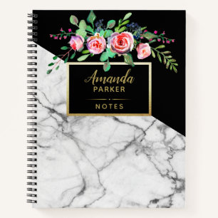 Cuaderno Notas del Diseñador de textura Floral Black Marble
