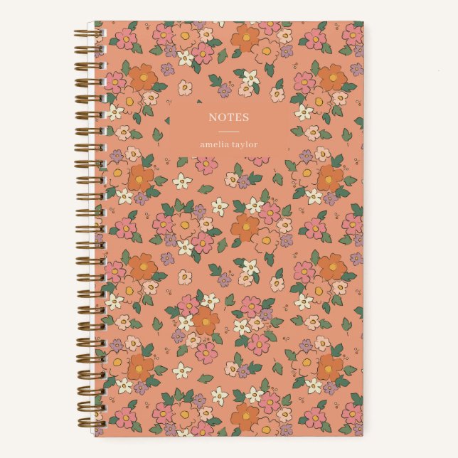 Cuaderno Notas florales de melocotón retro personalizadas (Anverso)