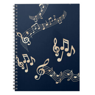 Cuaderno Notas musicales doradas sobre azul marino medio