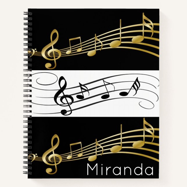 Cuaderno Notas musicales Spiral Notebook Black White Gold (Anverso)