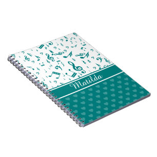 Cuaderno Notas musicales y patrones de corazón Verde azulad