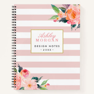 Cuaderno Notas personales de Girly Pink Stripes Floral Gold