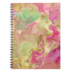 Cuaderno notebook rosa, dorado, de tinta de mármol verde