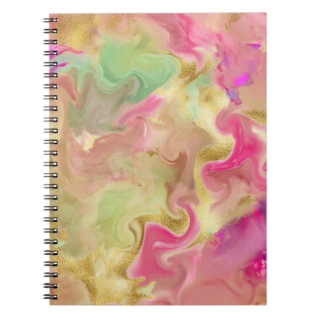 Cuaderno notebook rosa, dorado, de tinta de mármol verde (Frente)