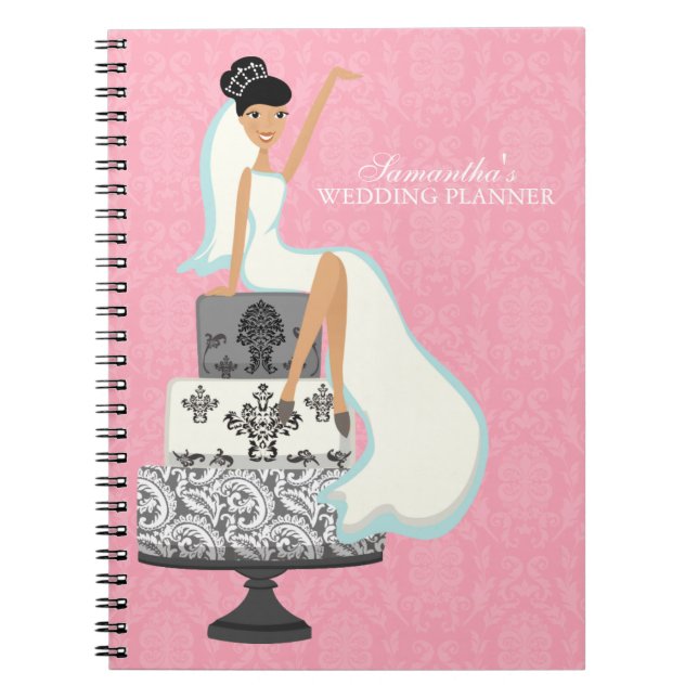 Cuaderno Novia cabelluda negra en el pastel de bodas {rosa} (Frente)