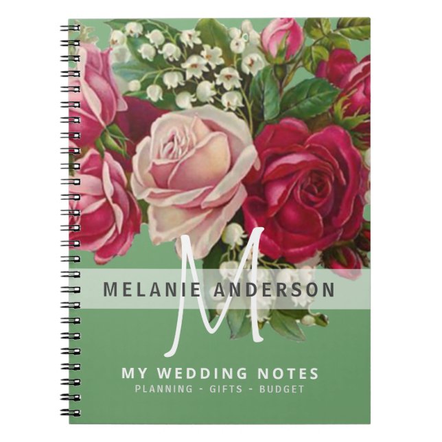 Cuaderno Novia Monograma Boda de planeamiento de rosas rosa (Frente)