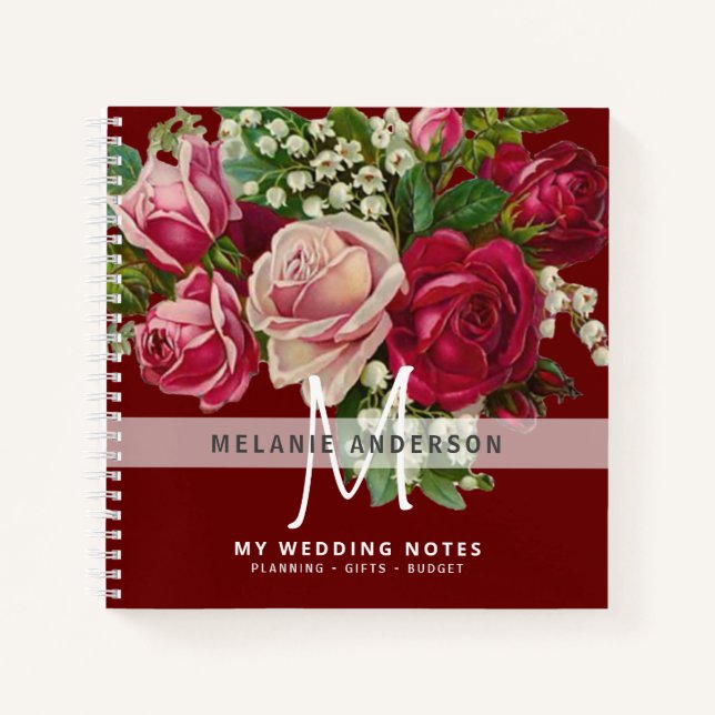 Cuaderno Novia Monograma Boda de planeamiento de rosas rosa (Anverso)
