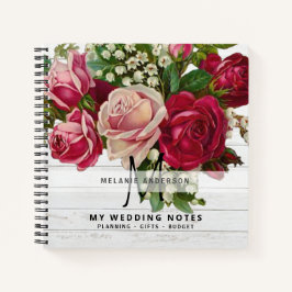 Cuaderno Novia Monograma Boda de planeamiento de rosas rosa