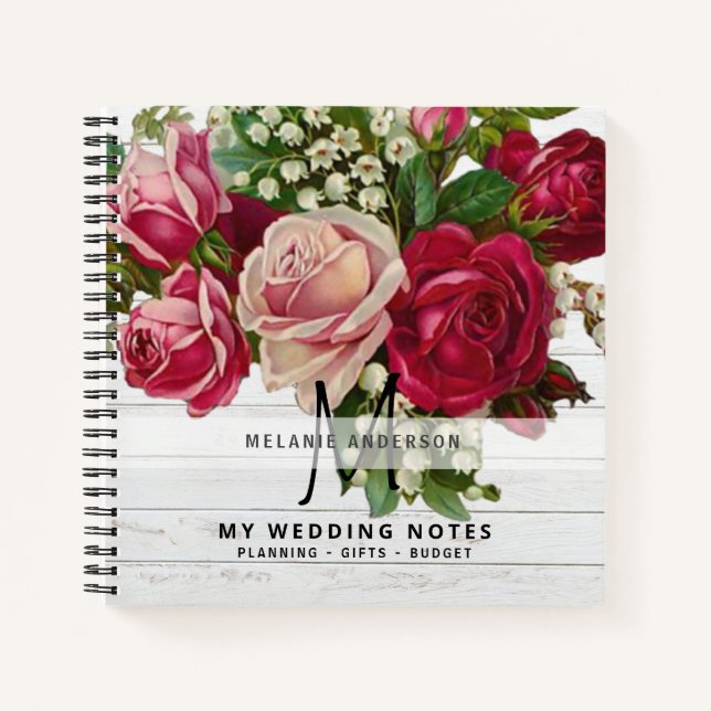 Cuaderno Novia Monograma Boda de planeamiento de rosas rosa (Anverso)