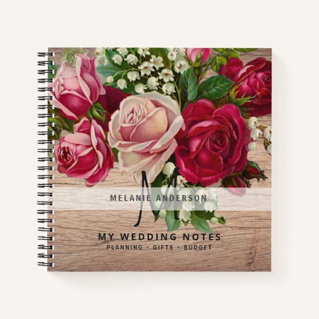 Cuaderno Novia Monograma Boda de planeamiento de rosas rosa (Anverso)