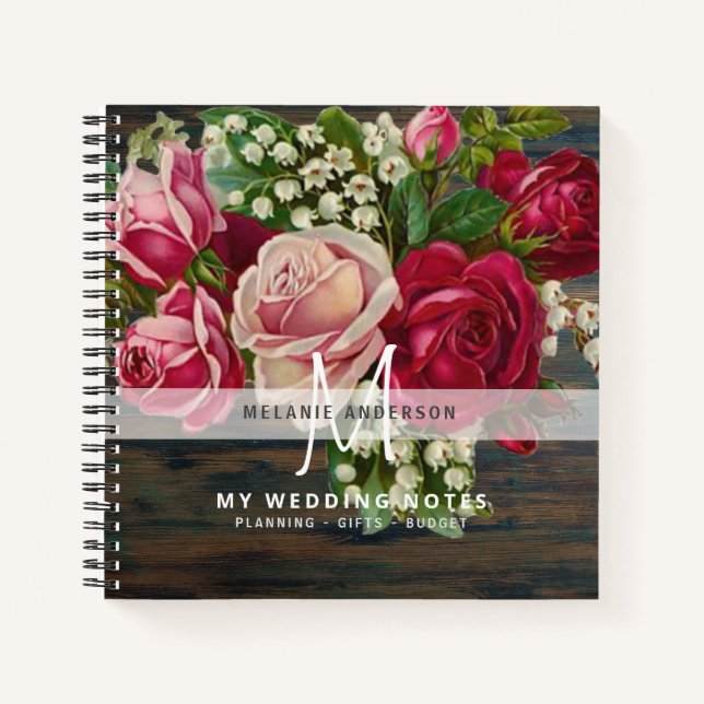 Cuaderno Novia Monograma Boda de planeamiento de rosas rosa (Anverso)