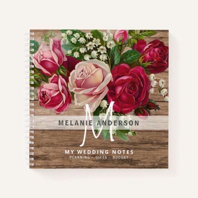 Cuaderno Novia Monograma Boda de planeamiento de rosas rosa (Anverso)