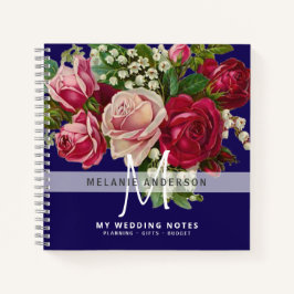 Cuaderno Novia Monograma Boda de planeamiento de rosas rosa