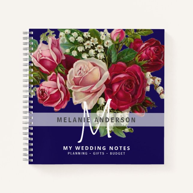 Cuaderno Novia Monograma Boda de planeamiento de rosas rosa (Anverso)