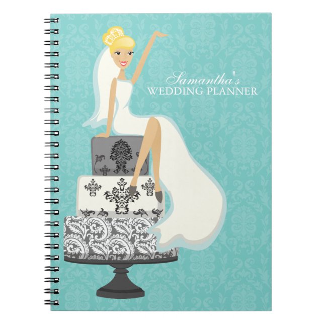 Cuaderno Novia rubia sobre pastel Boda {aqua} (Frente)