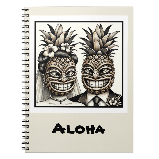 Cuaderno Novia y Novio Cabeza Tiki de Piña Aloha Boda  (Frente)