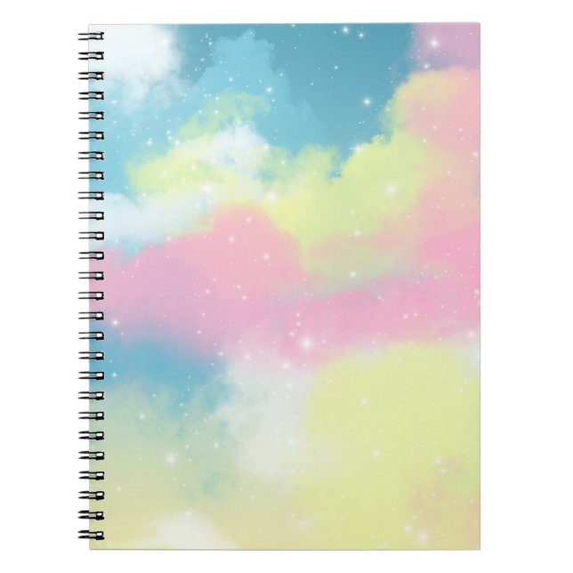 Cuaderno Nubes arcoiris estrellas brillantes purpurinas (Frente)