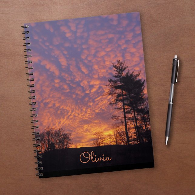 Cuaderno Nubes Naranjas rosas bonitos con nombre Sunrise Ph (Pretty Pink Orange Clouds with Name Sunrise Photo Notebook, in situ)