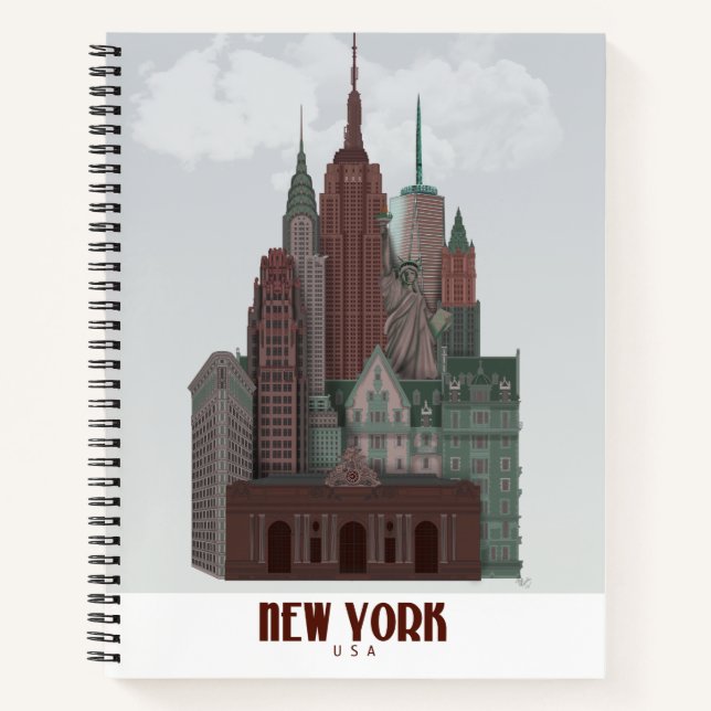 Cuaderno Nueva York en nubes - rojo oscuro y verde (Anverso)