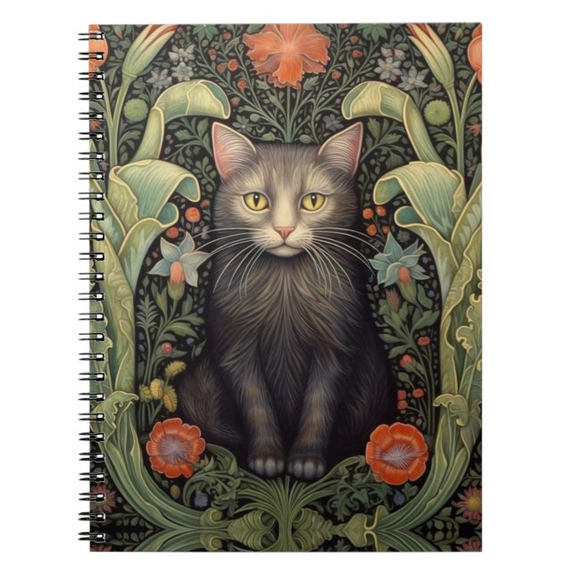 Cuaderno Nuevo arte gato negro y flores rojas (Frente)