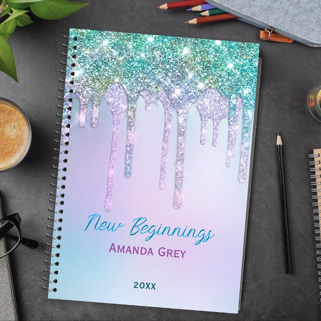 Cuaderno Nuevos comienzos Aqua azul Monograma con gotas gra (Subido por el creador)