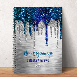 Cuaderno Nuevos comienzos Monograma de gotas de brillo azul