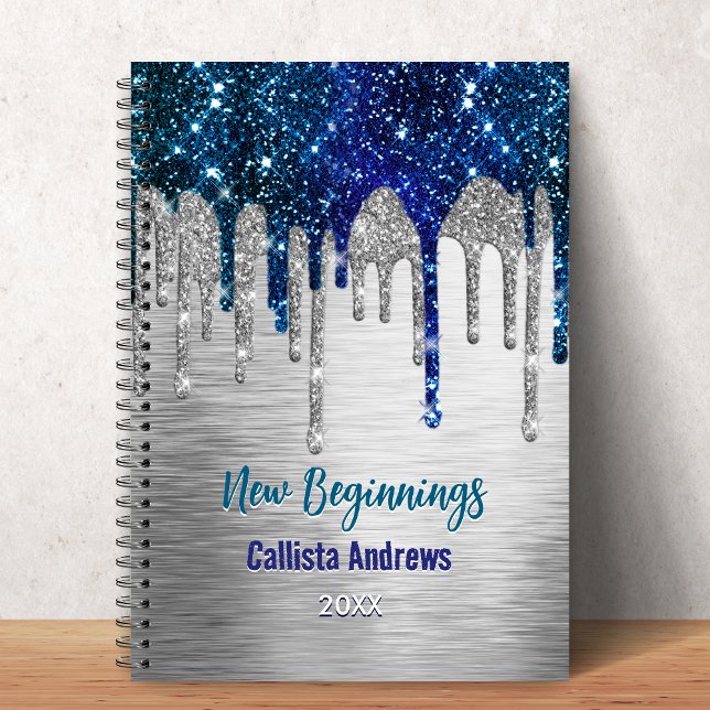 Cuaderno Nuevos comienzos Monograma de gotas de brillo azul (Subido por el creador)