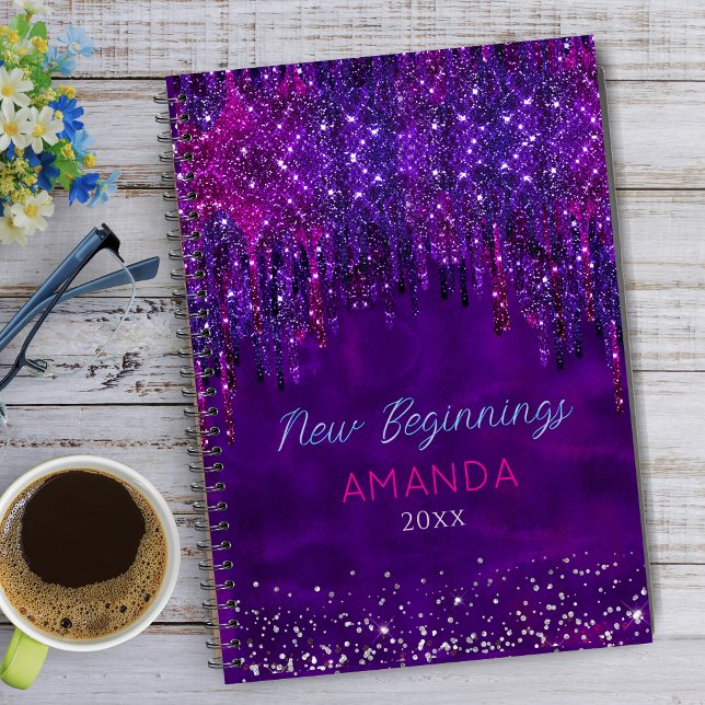 Cuaderno Nuevos comienzos Morado falso brillo Gotas grande (Subido por el creador)