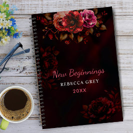 Cuaderno Nuevos comienzos rojo oscuro negro floral grande