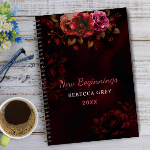 Cuaderno Nuevos comienzos rojo oscuro negro floral grande