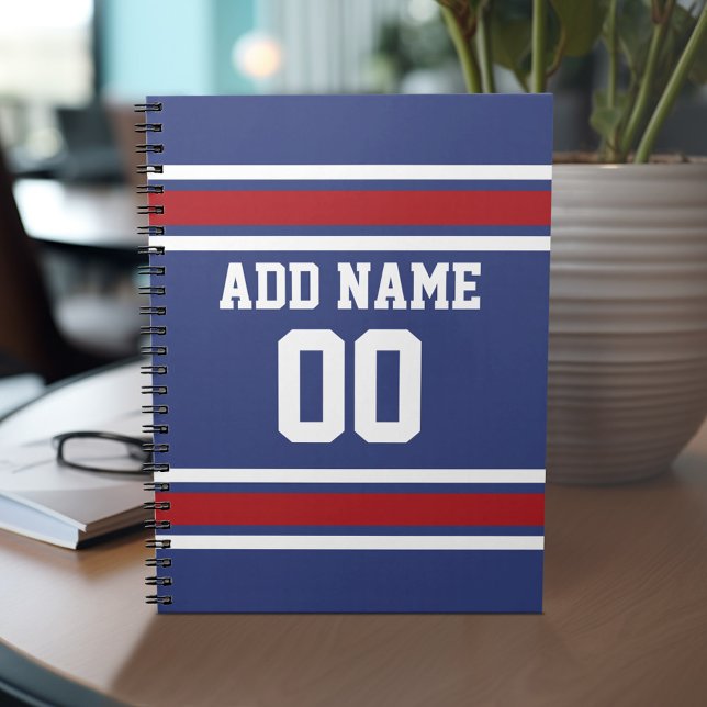 Cuaderno Número de nombre personalizado de Blue Red Footbal (Personalized notebook with Sports Jersey Football Design - Custom Name and Other Text)