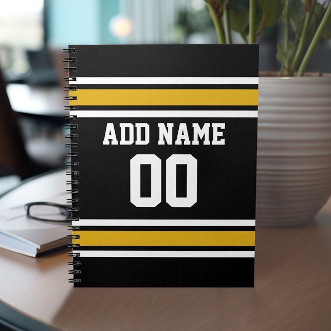 Cuaderno Número de nombre personalizado de Jersey de Black  (Personalized notebook with Sports Jersey Football Design - Custom Name and Other Text)