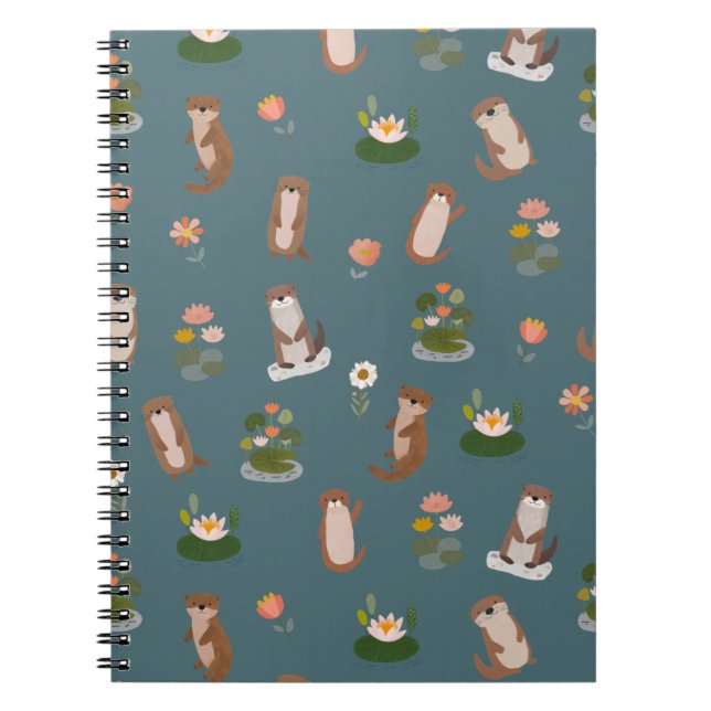 Cuaderno Nutrias y hojas de nenúfar sobre teal oscuro (Frente)