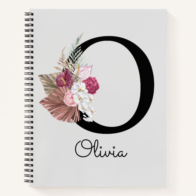 Cuaderno O inicial de floral rosa monogramada o (Anverso)