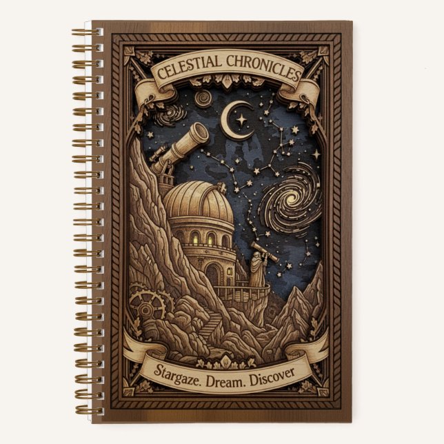 Cuaderno Observatorio Crónicas Celestes Madera Tallada  (Anverso)