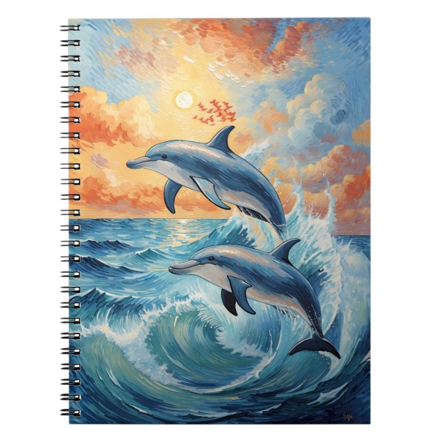 Cuaderno Océano atardecer artístico de dos delfines saltand (Frente)